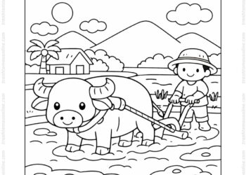 Tranh tô màu con trâu kéo cày