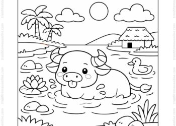 Tranh tô màu con trâu tắm sông