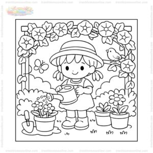 Tranh tô màu hoa dây leo và bé gái Tranh tô màu hoa dây leo và bé gái