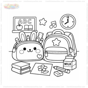 Tranh tô màu hộp bút đặt cạnh balo