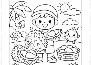Tranh tô màu quả sầu riêng và bạn nhỏ