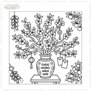 Tranh tô màu bình hoa đào Tết