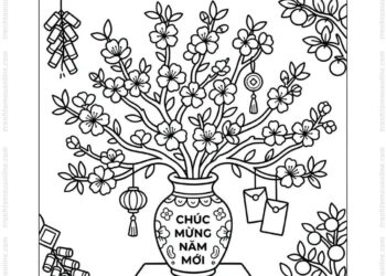 Tranh tô màu bình hoa đào Tết