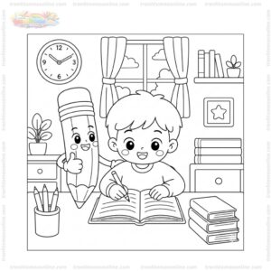 Tranh tô màu bút chì và bé học bài