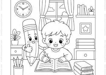 Tranh tô màu bút chì và bé học bài
