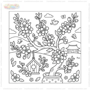 Tranh tô màu cành hoa đào xuân