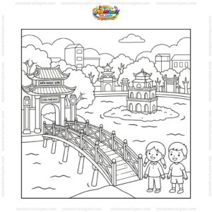 Tranh tô màu cầu Thê Húc Hồ Gươm