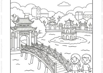 Tranh tô màu cầu Thê Húc Hồ Gươm