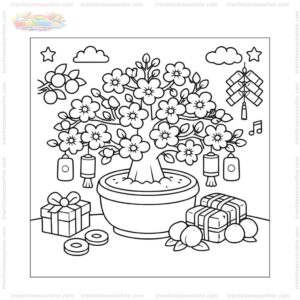 Tranh tô màu chậu hoa mai