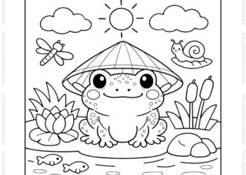 Tranh tô màu con cóc đội nón lá