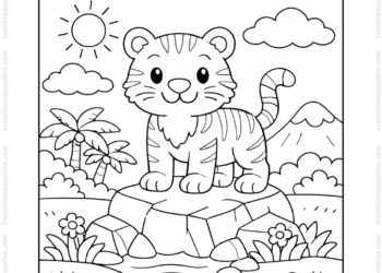 Tranh tô màu con hổ đứng trên tảng đá