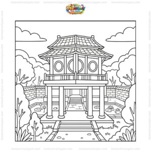 Tranh tô màu Văn Miếu Quốc Tử Giám với cổng Văn Miếu
