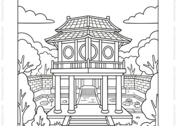 Tranh tô màu Văn Miếu Quốc Tử Giám với cổng Văn Miếu