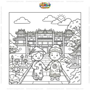 Tranh tô màu cung đình Huế cute