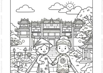 Tranh tô màu cung đình Huế cute