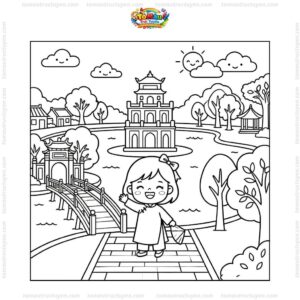 Tranh tô màu Hồ Gươm chibi