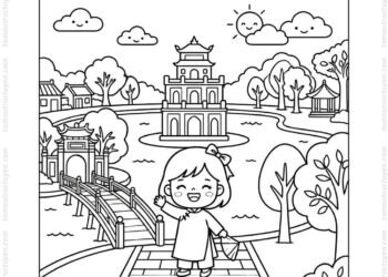 Tranh tô màu Hồ Gươm chibi