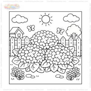 Tranh tô màu hoa cẩm tú cầu bên hàng rào