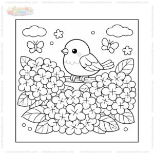 Tranh tô màu hoa cẩm tú cầu và chú chim