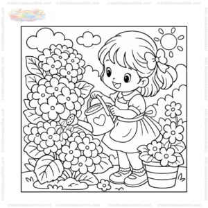 Tranh tô màu hoa cẩm tú cầu và cô bé