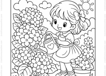 Tranh tô màu hoa cẩm tú cầu và cô bé