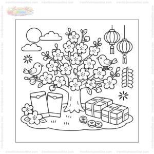 Tranh tô màu hoa đào ngày Tết