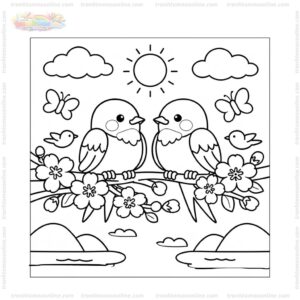 Tranh tô màu hoa đào và chim én
