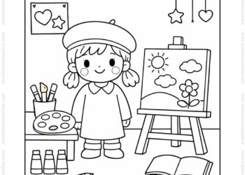 Tranh tô màu họa sĩ và giá vẽ