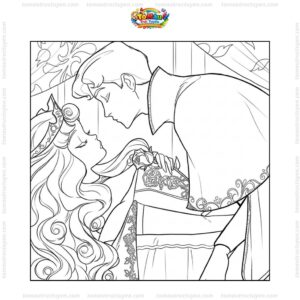 Tranh tô màu hoàng tử hôn công chúa ngủ trong rừng
