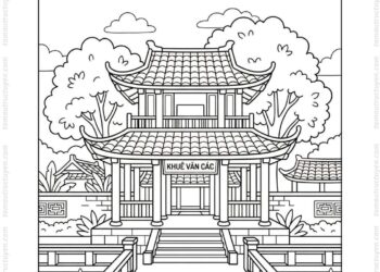 Tranh tô màu Văn Miếu Quốc Tử Giám với Khuê Văn Các