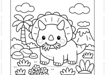 Tranh tô màu khủng long 3 sừng ăn cỏ