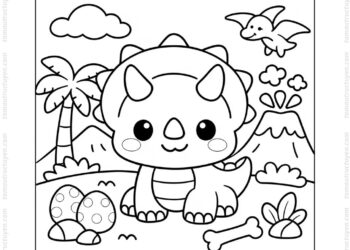 Tranh tô màu khủng long ba sừng chibi