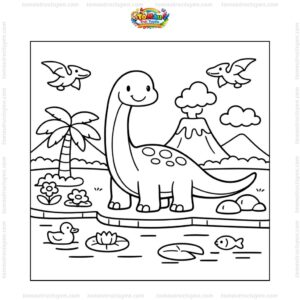 Tranh tô màu khủng long cổ dài bên hồ