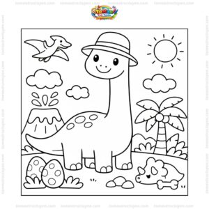 Tranh tô màu khủng long cổ dài đội mũ