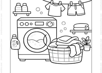 Tranh tô màu máy giặt và giỏ đồ sạch