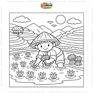 Tranh tô màu nông dân cấy lúa bậc thang
