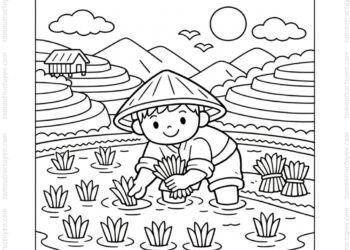 Tranh tô màu nông dân cấy lúa bậc thang