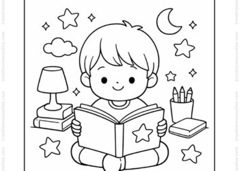 Tranh tô màu quyển sách và bạn nhỏ