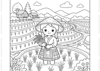 Tranh tô màu ruộng bậc thang chibi