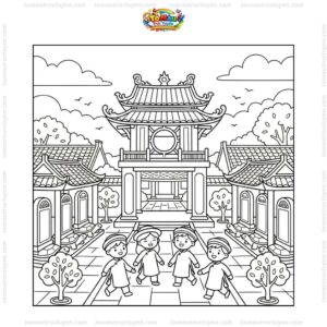 Tranh tô màu Văn Miếu Quốc Tử Giám với sân Văn Miếu