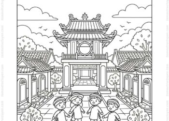 Tranh tô màu Văn Miếu Quốc Tử Giám với sân Văn Miếu