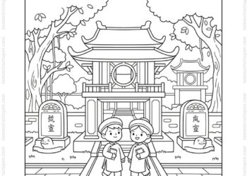 Tranh tô màu Văn Miếu Quốc Tử Giám cute
