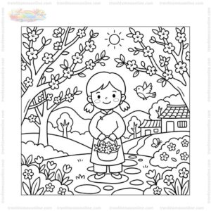 Tranh tô màu vườn hoa đào xuân