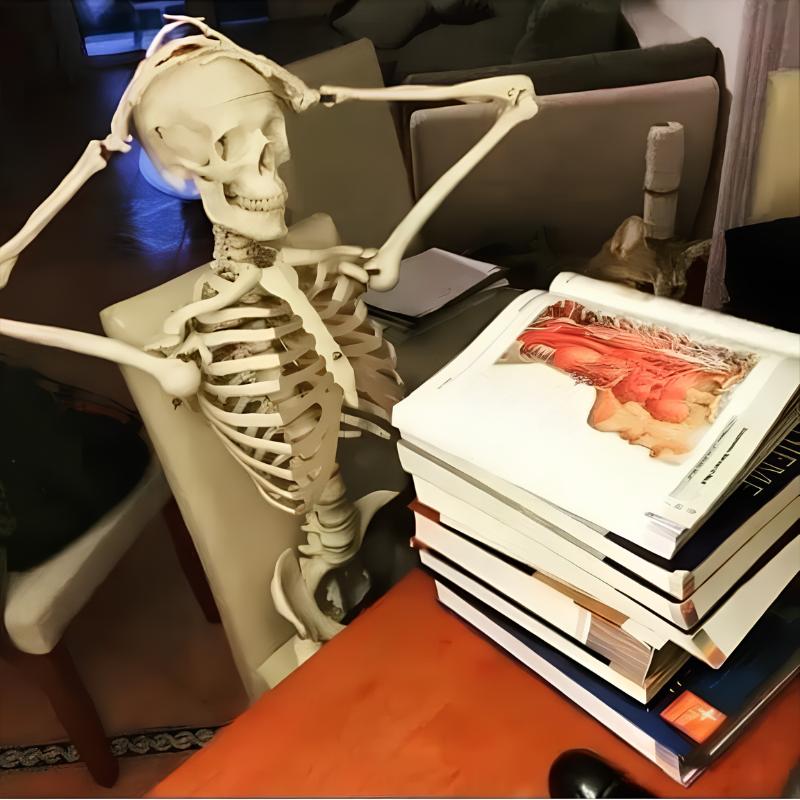 Ảnh bộ xương meme ôm đầu bất lực bên chồng sách giải phẫu y khoa dày cộp.