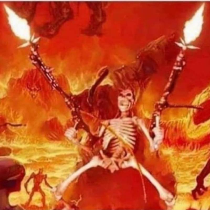 Ảnh meme bộ xương xả súng rực lửa giữa khung cảnh địa ngục đầy kịch tính và hài hước