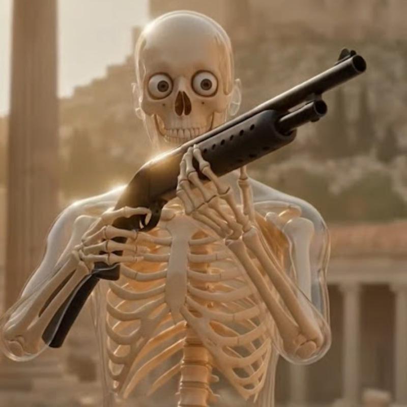 ảnh bộ xương cầm súng shotgun hài hước