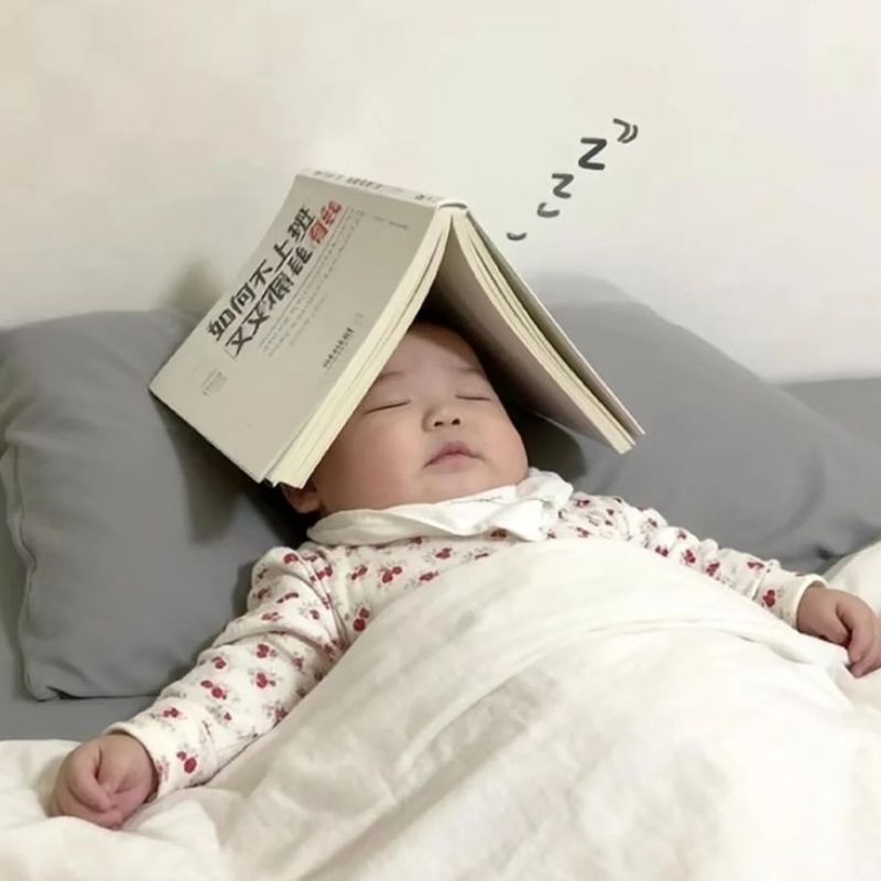 em bé bụ bẫm ngủ say sưa với cuốn sách "Học không chán" úp trên đầu