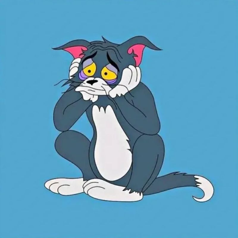 Ảnh meme mèo Tom buồn ngủ với đôi mắt thâm quầng và gương mặt phờ phạc mệt mỏi.