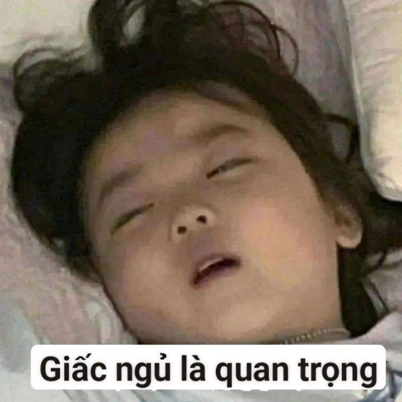 Meme bé gái ngủ gật há miệng hài hước với dòng chữ giấc ngủ là quan trọng