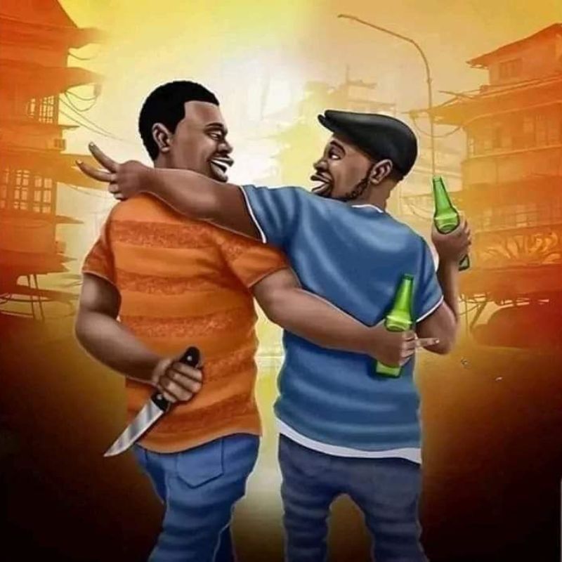 Một người đàn ông giấu dao sau lưng khi đang khoác vai bạn bè